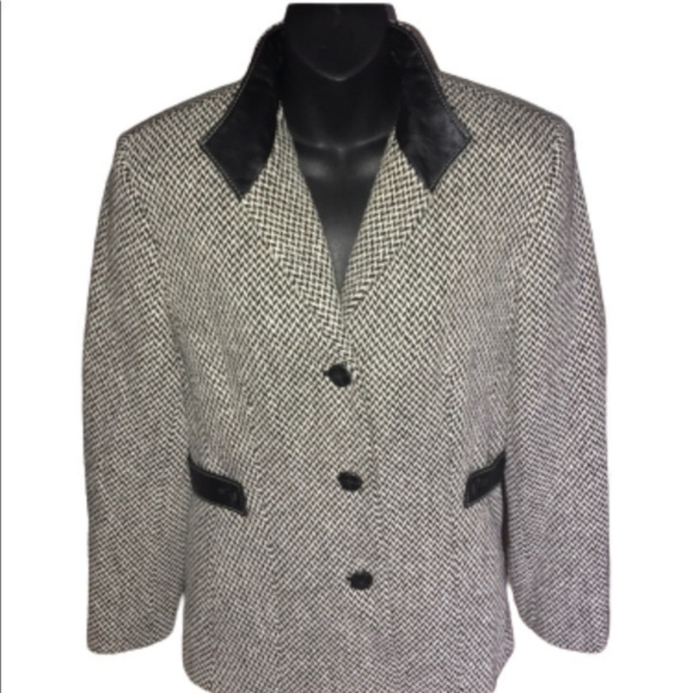 Talbots herringbone wool blazer jacket with leather collar size 8